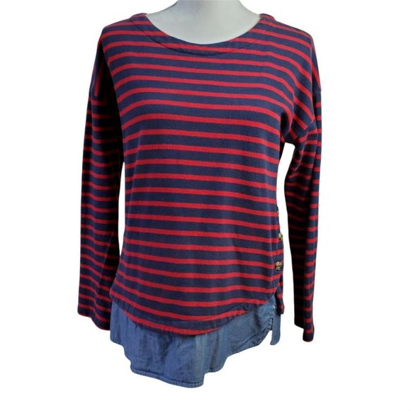 IZOD Womens Top Size M Blue Red Striped Layered Academia L/S Button Cotton - Picture 1 of 11